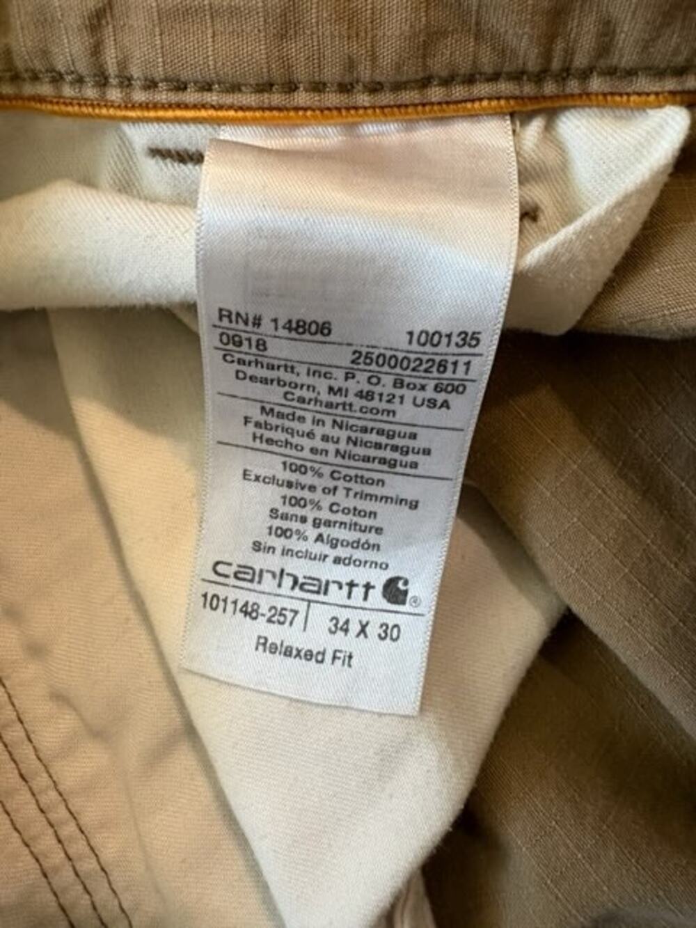 Carhartt Force Relaxed Fit Cargo Pants Mens 34x30 Khaki Ripstop - Picture 6 of 9